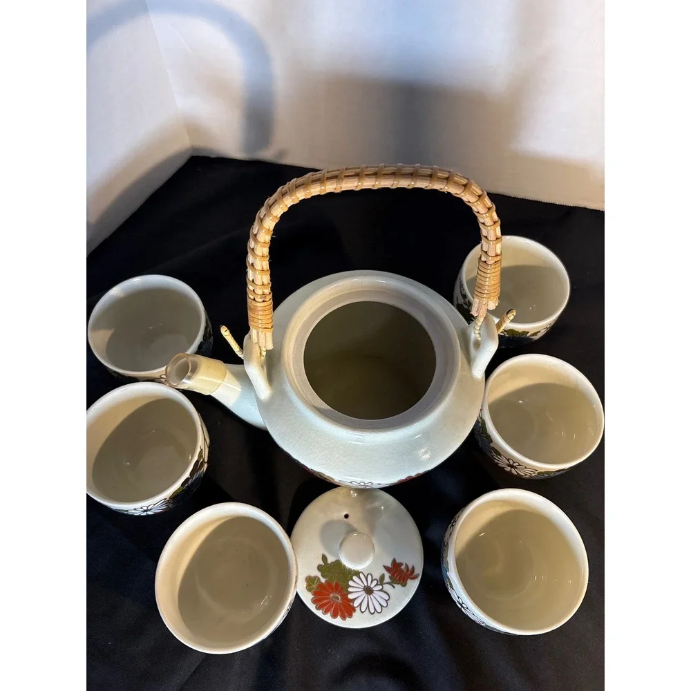 Vintage Asian Tea Set Teapot With Bamboo Handle‎ & 6 Cups Floral Design